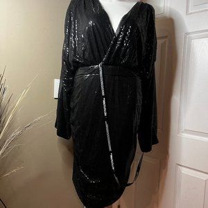 NWT Black Sequin Plunge Ruched Skirt Bodycon Dress